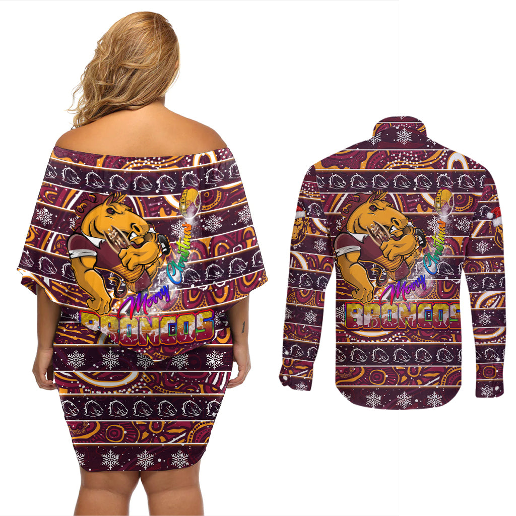 brisbane-broncos-christmas-couples-matching-off-shoulder-short-dress-and-long-sleeve-button-shirt-rugby-australia-mascot