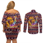 brisbane-broncos-christmas-couples-matching-off-shoulder-short-dress-and-long-sleeve-button-shirt-rugby-australia-mascot