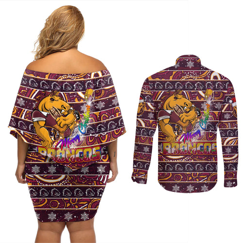 brisbane-broncos-christmas-couples-matching-off-shoulder-short-dress-and-long-sleeve-button-shirt-rugby-australia-mascot