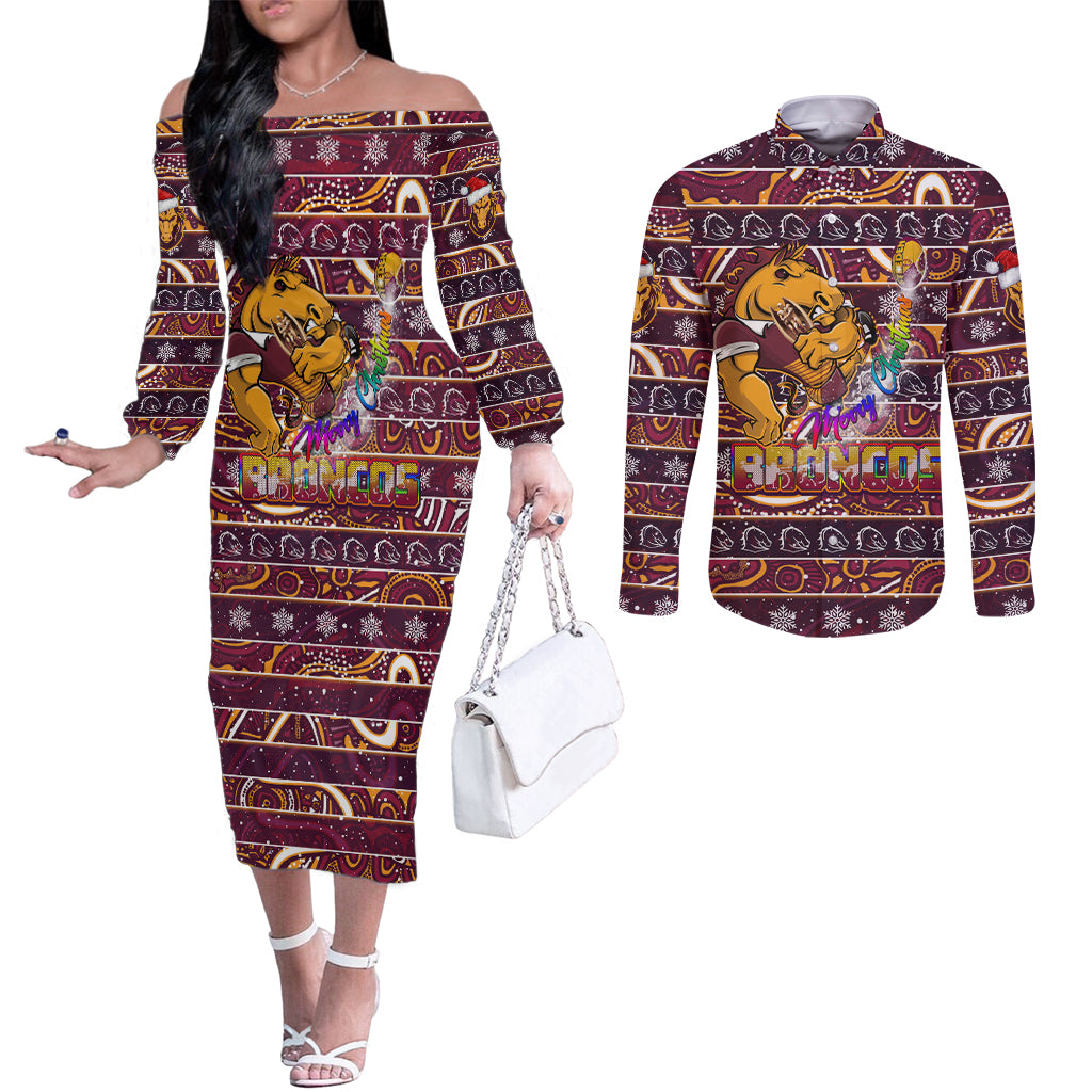 brisbane-broncos-christmas-couples-matching-off-the-shoulder-long-sleeve-dress-and-long-sleeve-button-shirt-rugby-australia-mascot