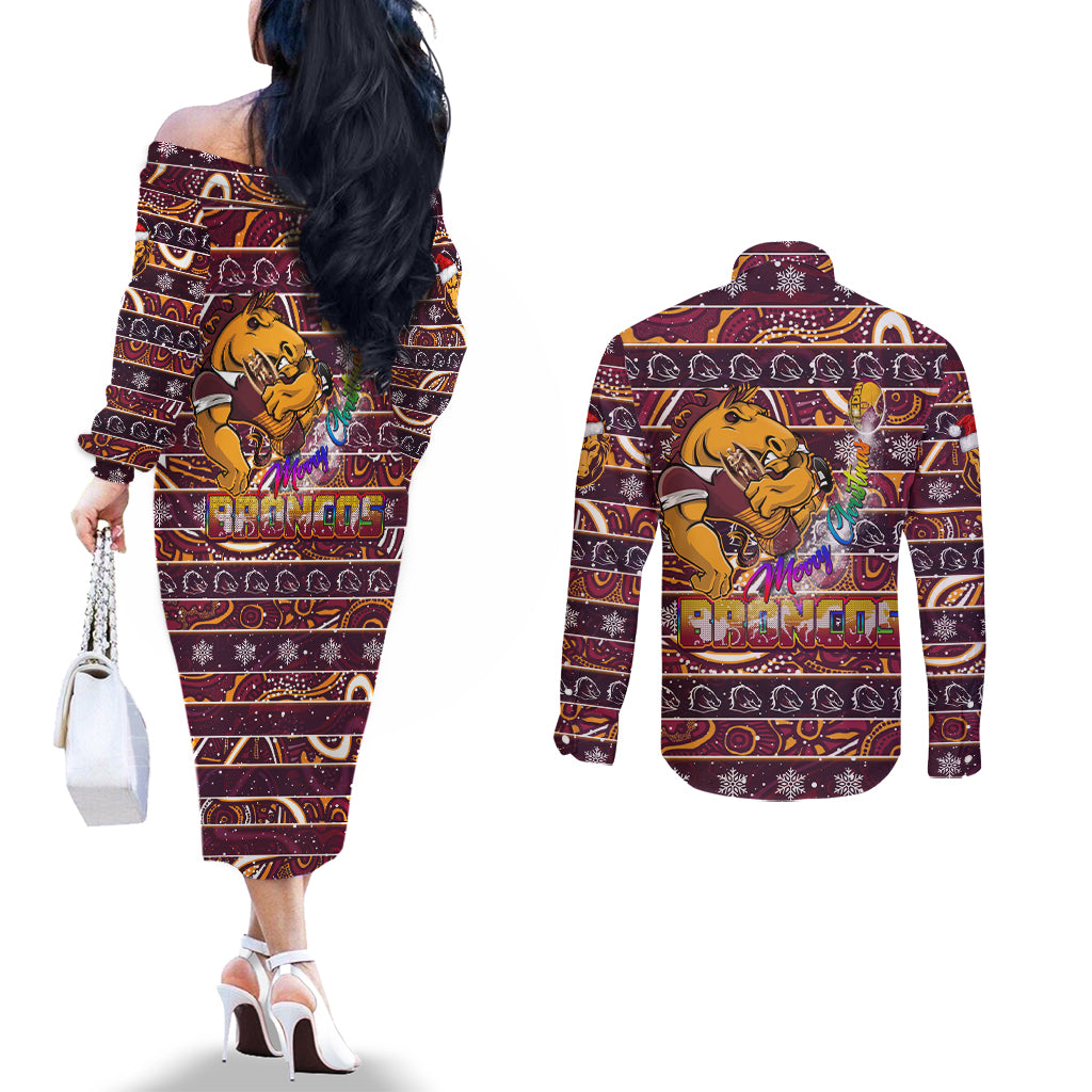 brisbane-broncos-christmas-couples-matching-off-the-shoulder-long-sleeve-dress-and-long-sleeve-button-shirt-rugby-australia-mascot