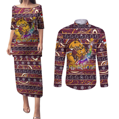 brisbane-broncos-christmas-couples-matching-puletasi-dress-and-long-sleeve-button-shirt-rugby-australia-mascot