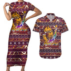 brisbane-broncos-christmas-couples-matching-short-sleeve-bodycon-dress-and-hawaiian-shirt-rugby-australia-mascot