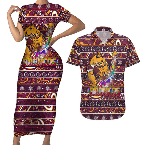brisbane-broncos-christmas-couples-matching-short-sleeve-bodycon-dress-and-hawaiian-shirt-rugby-australia-mascot