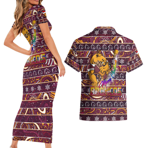 brisbane-broncos-christmas-couples-matching-short-sleeve-bodycon-dress-and-hawaiian-shirt-rugby-australia-mascot