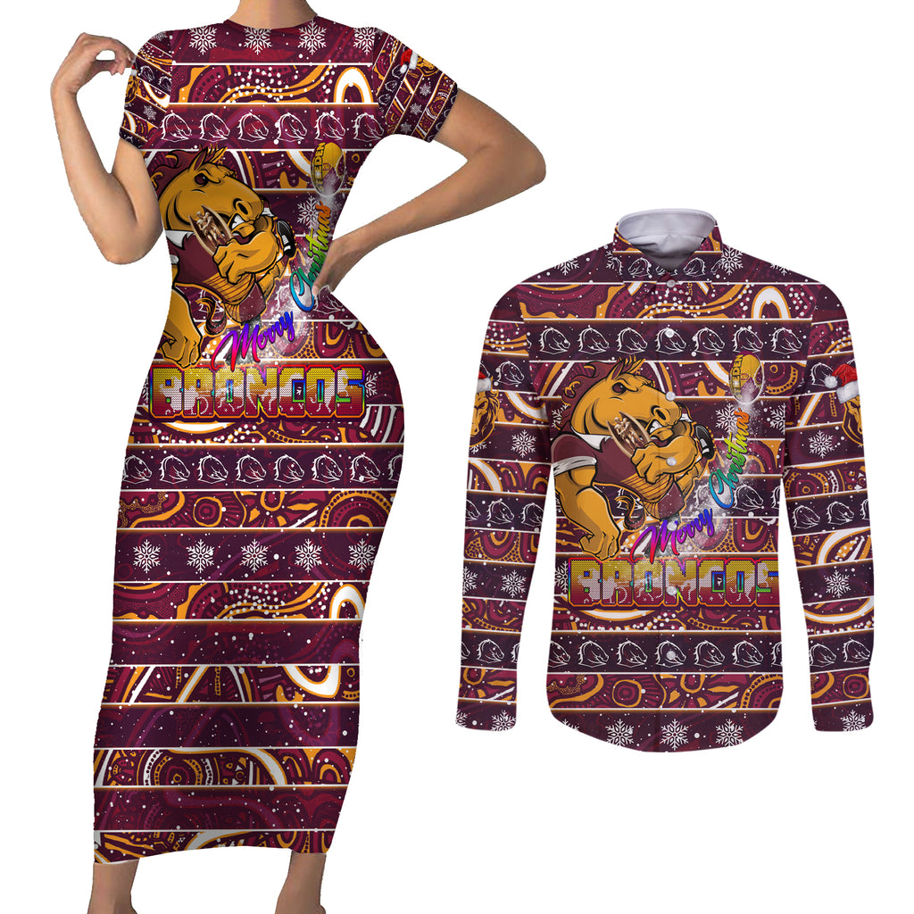 brisbane-broncos-christmas-couples-matching-short-sleeve-bodycon-dress-and-long-sleeve-button-shirt-rugby-australia-mascot
