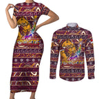 brisbane-broncos-christmas-couples-matching-short-sleeve-bodycon-dress-and-long-sleeve-button-shirt-rugby-australia-mascot