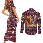 brisbane-broncos-christmas-couples-matching-short-sleeve-bodycon-dress-and-long-sleeve-button-shirt-rugby-australia-mascot