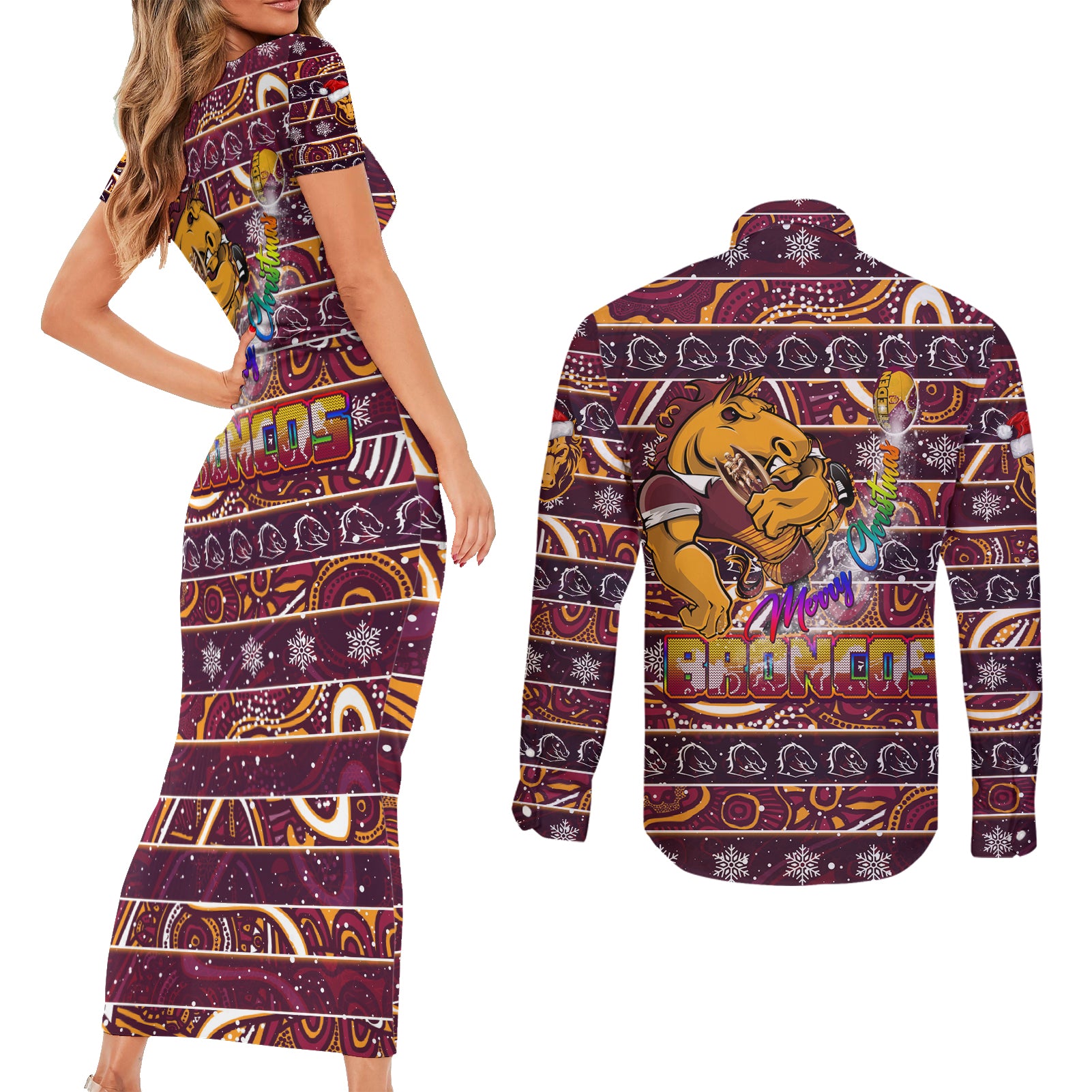 brisbane-broncos-christmas-couples-matching-short-sleeve-bodycon-dress-and-long-sleeve-button-shirt-rugby-australia-mascot