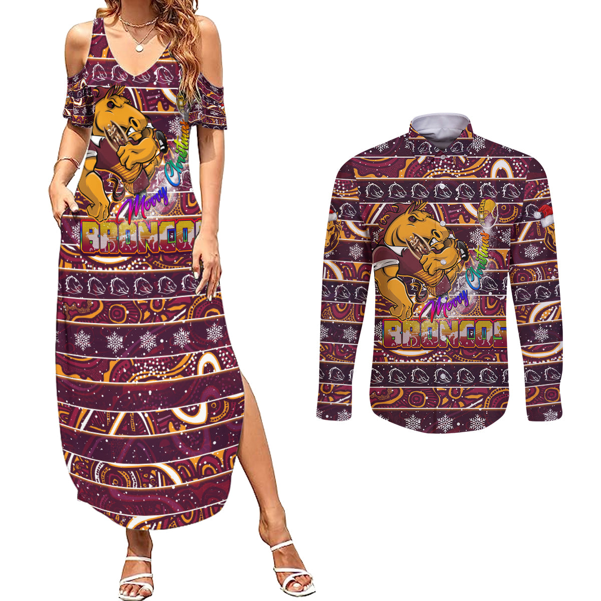 brisbane-broncos-christmas-couples-matching-summer-maxi-dress-and-long-sleeve-button-shirt-rugby-australia-mascot