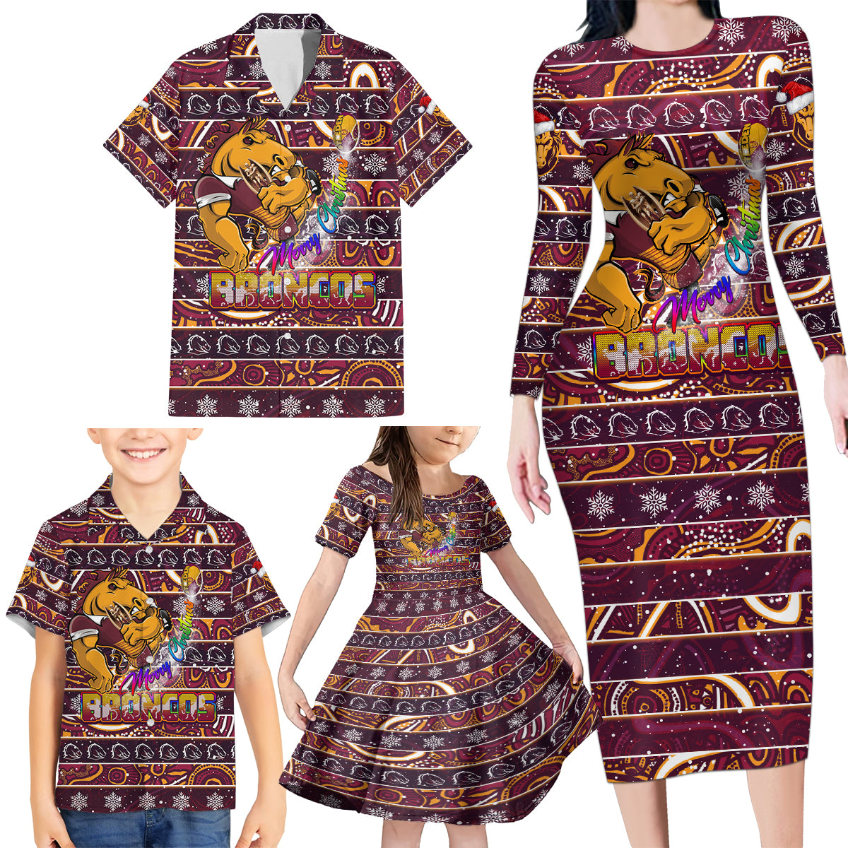 brisbane-broncos-christmas-family-matching-long-sleeve-bodycon-dress-and-hawaiian-shirt-rugby-australia-mascot