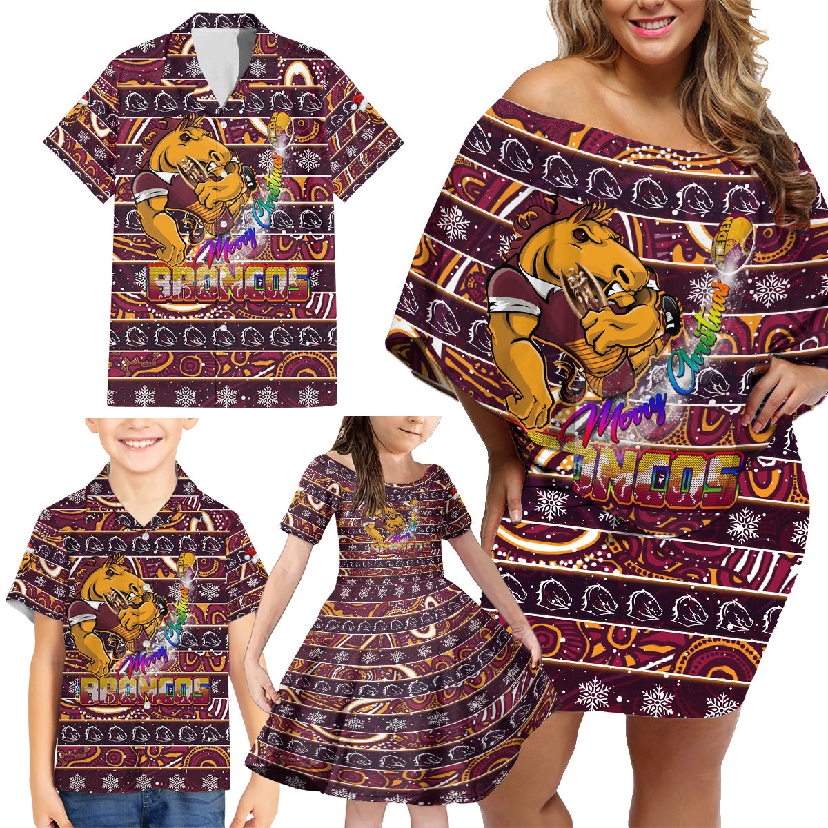 brisbane-broncos-christmas-family-matching-off-shoulder-short-dress-and-hawaiian-shirt-rugby-australia-mascot