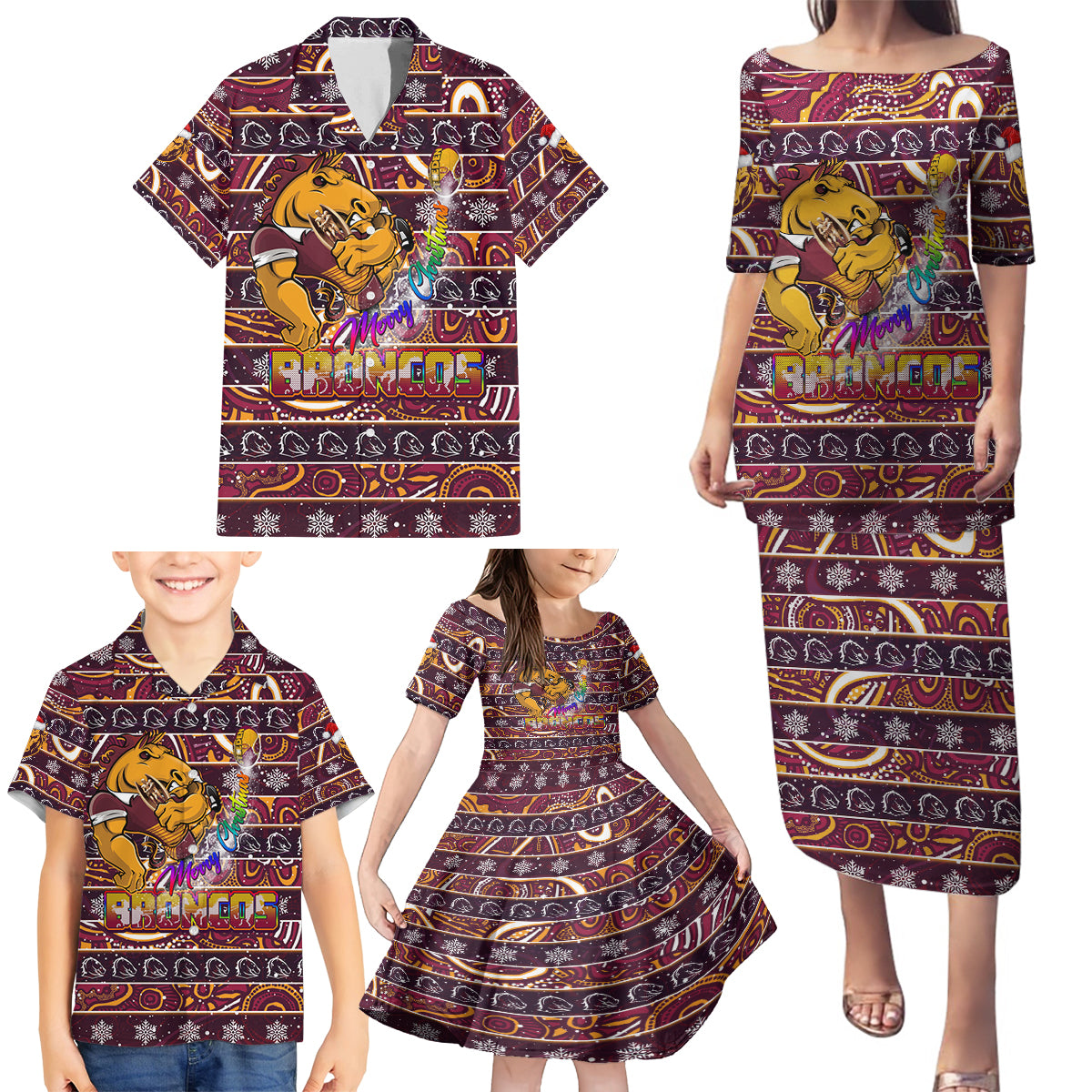 brisbane-broncos-christmas-family-matching-puletasi-dress-and-hawaiian-shirt-rugby-australia-mascot