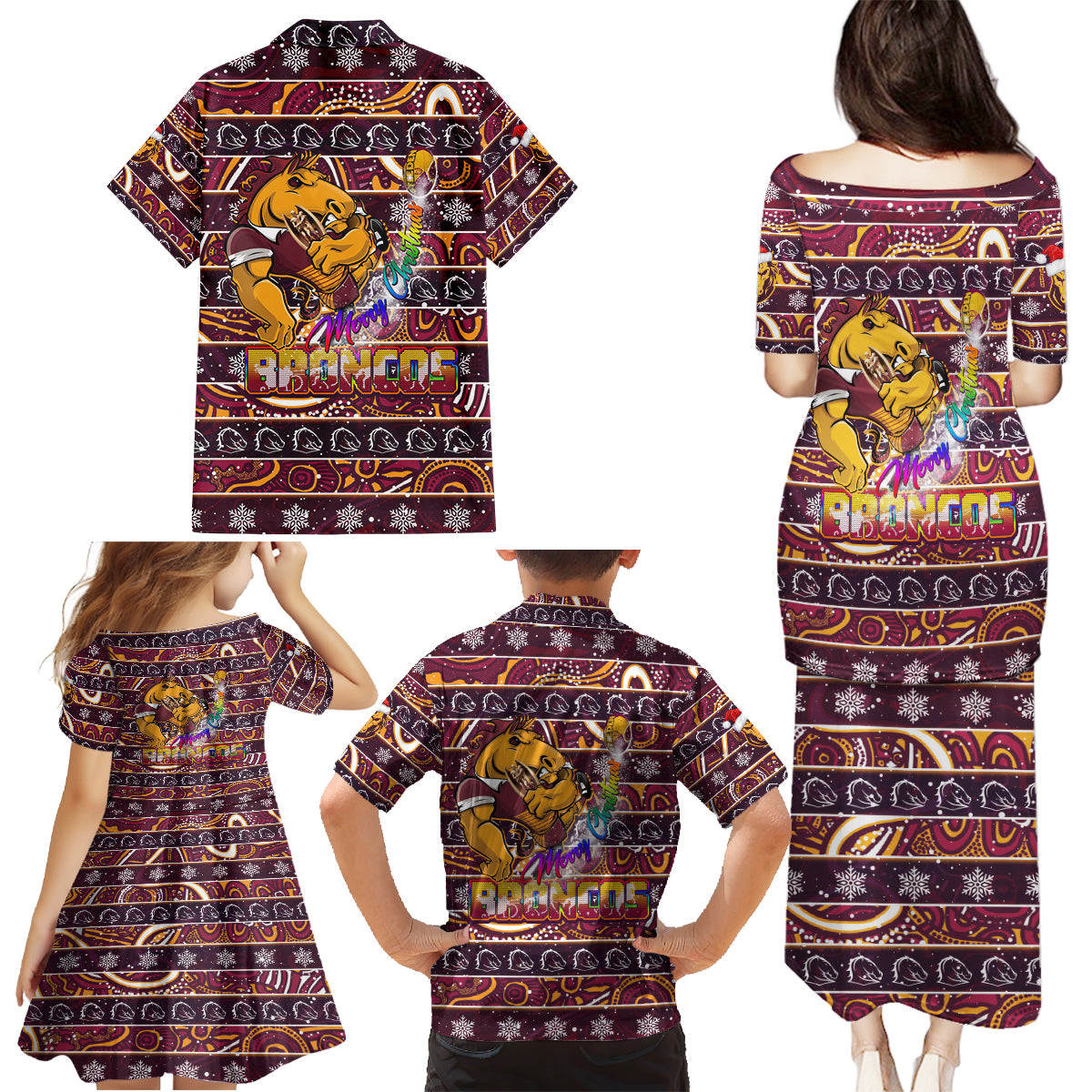 brisbane-broncos-christmas-family-matching-puletasi-dress-and-hawaiian-shirt-rugby-australia-mascot