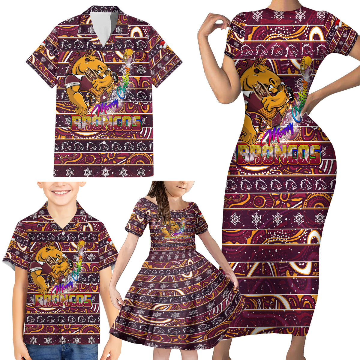 brisbane-broncos-christmas-family-matching-short-sleeve-bodycon-dress-and-hawaiian-shirt-rugby-australia-mascot