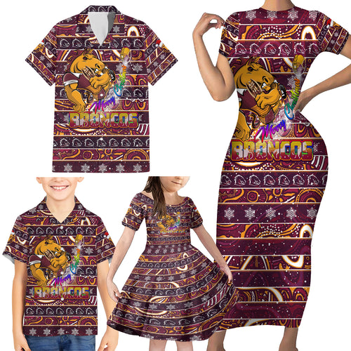 brisbane-broncos-christmas-family-matching-short-sleeve-bodycon-dress-and-hawaiian-shirt-rugby-australia-mascot