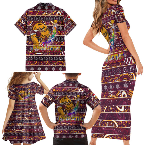 brisbane-broncos-christmas-family-matching-short-sleeve-bodycon-dress-and-hawaiian-shirt-rugby-australia-mascot