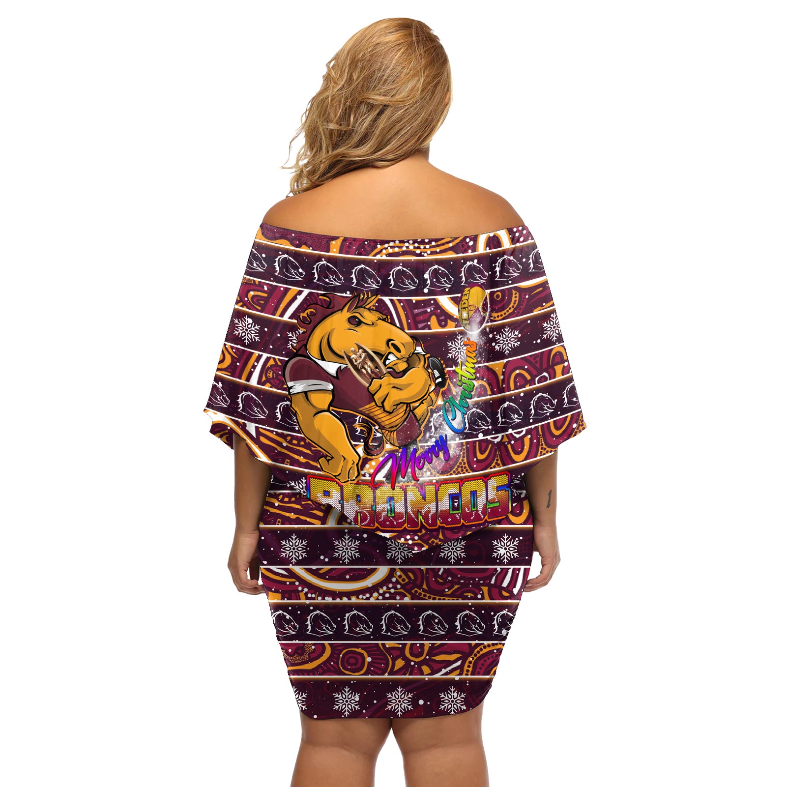 brisbane-broncos-christmas-off-shoulder-short-dress-rugby-australia-mascot
