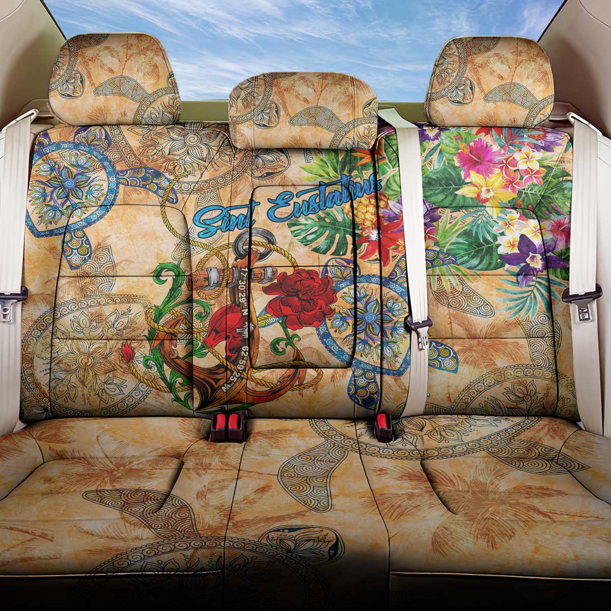 Sint Eustatius Back Car Seat Cover Geographic Coordinate Anchor - Turlte Tropical