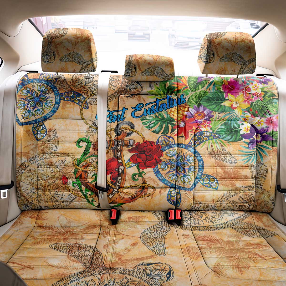 Sint Eustatius Back Car Seat Cover Geographic Coordinate Anchor - Turlte Tropical