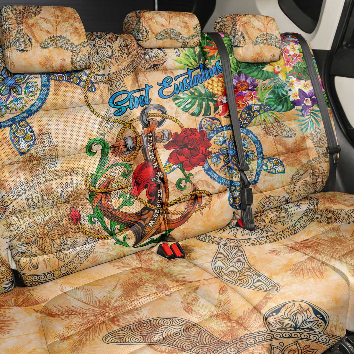 Sint Eustatius Back Car Seat Cover Geographic Coordinate Anchor - Turlte Tropical