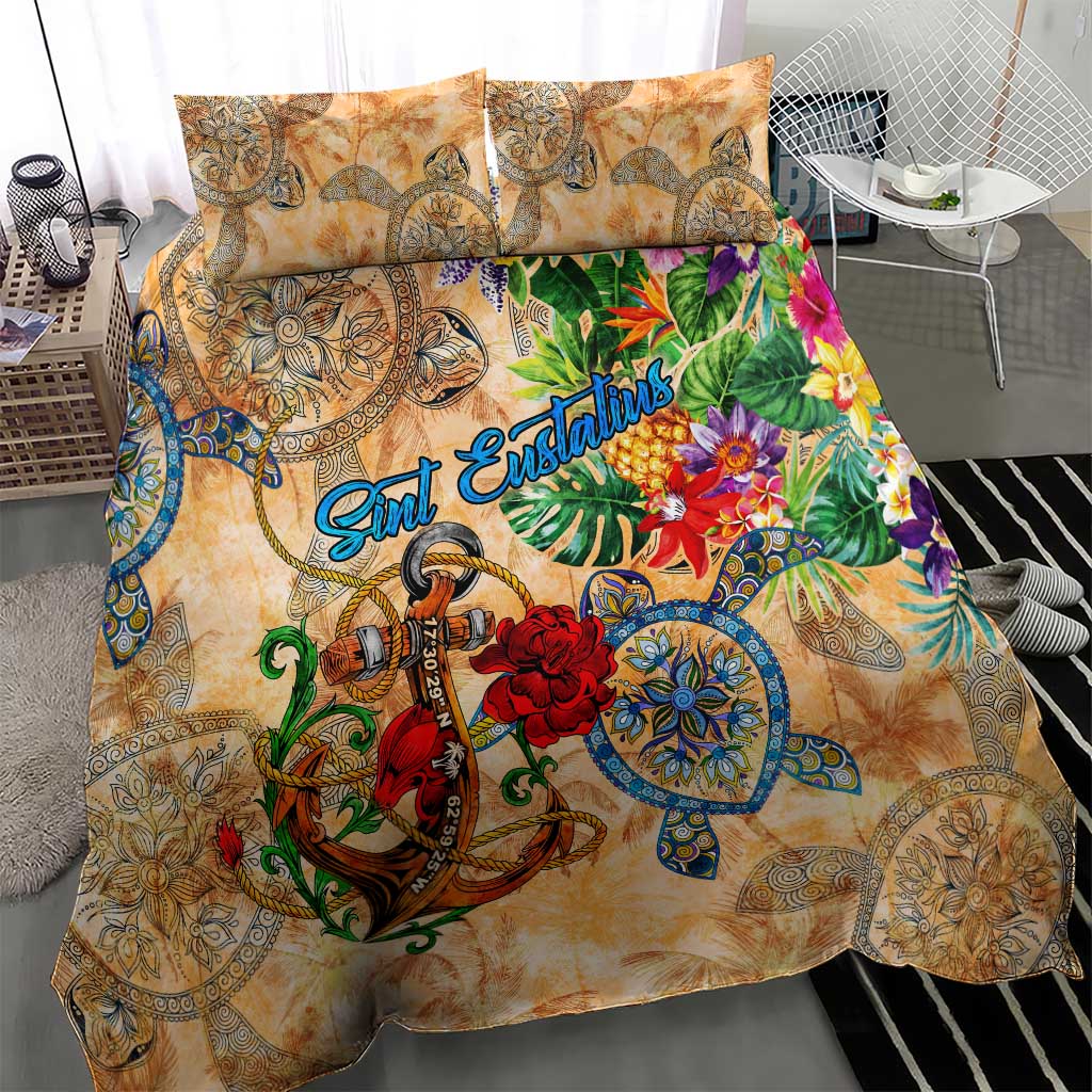 Sint Eustatius Bedding Set Geographic Coordinate Anchor - Turlte Tropical