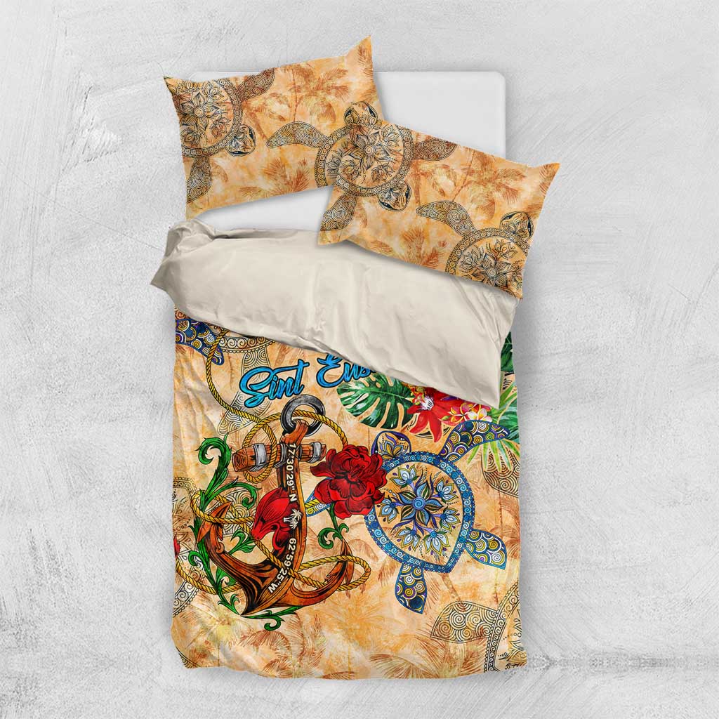 Sint Eustatius Bedding Set Geographic Coordinate Anchor - Turlte Tropical
