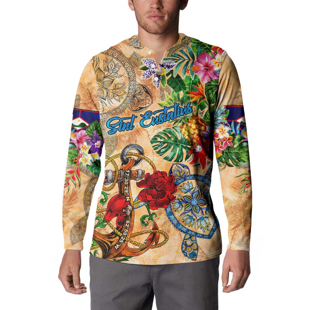 Sint Eustatius Button Sweatshirt Geographic Coordinate Anchor - Turlte Tropical