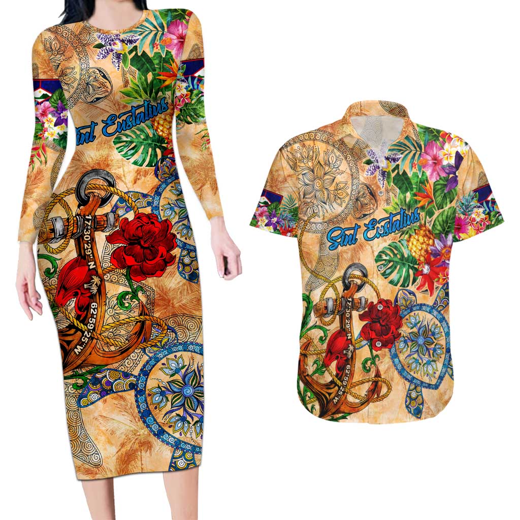Sint Eustatius Couples Matching Long Sleeve Bodycon Dress and Hawaiian Shirt Geographic Coordinate Anchor - Turlte Tropical