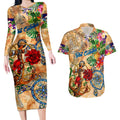 Sint Eustatius Couples Matching Long Sleeve Bodycon Dress and Hawaiian Shirt Geographic Coordinate Anchor - Turlte Tropical