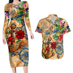 Sint Eustatius Couples Matching Long Sleeve Bodycon Dress and Hawaiian Shirt Geographic Coordinate Anchor - Turlte Tropical
