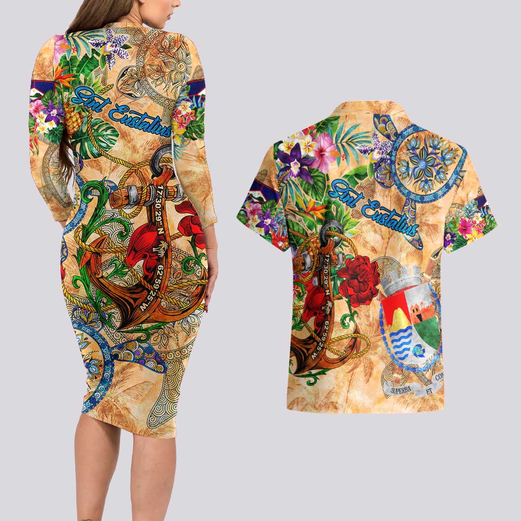 Sint Eustatius Couples Matching Long Sleeve Bodycon Dress and Hawaiian Shirt Geographic Coordinate Anchor - Turlte Tropical
