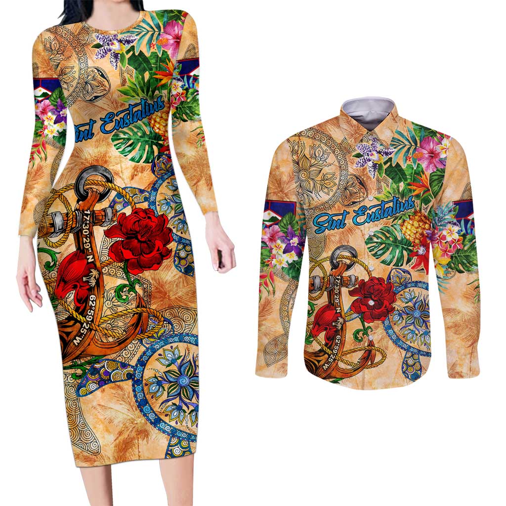 Sint Eustatius Couples Matching Long Sleeve Bodycon Dress and Long Sleeve Button Shirt Geographic Coordinate Anchor - Turlte Tropical