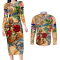 Sint Eustatius Couples Matching Long Sleeve Bodycon Dress and Long Sleeve Button Shirt Geographic Coordinate Anchor - Turlte Tropical