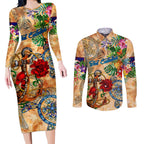 Sint Eustatius Couples Matching Long Sleeve Bodycon Dress and Long Sleeve Button Shirt Geographic Coordinate Anchor - Turlte Tropical