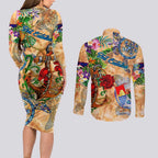 Sint Eustatius Couples Matching Long Sleeve Bodycon Dress and Long Sleeve Button Shirt Geographic Coordinate Anchor - Turlte Tropical