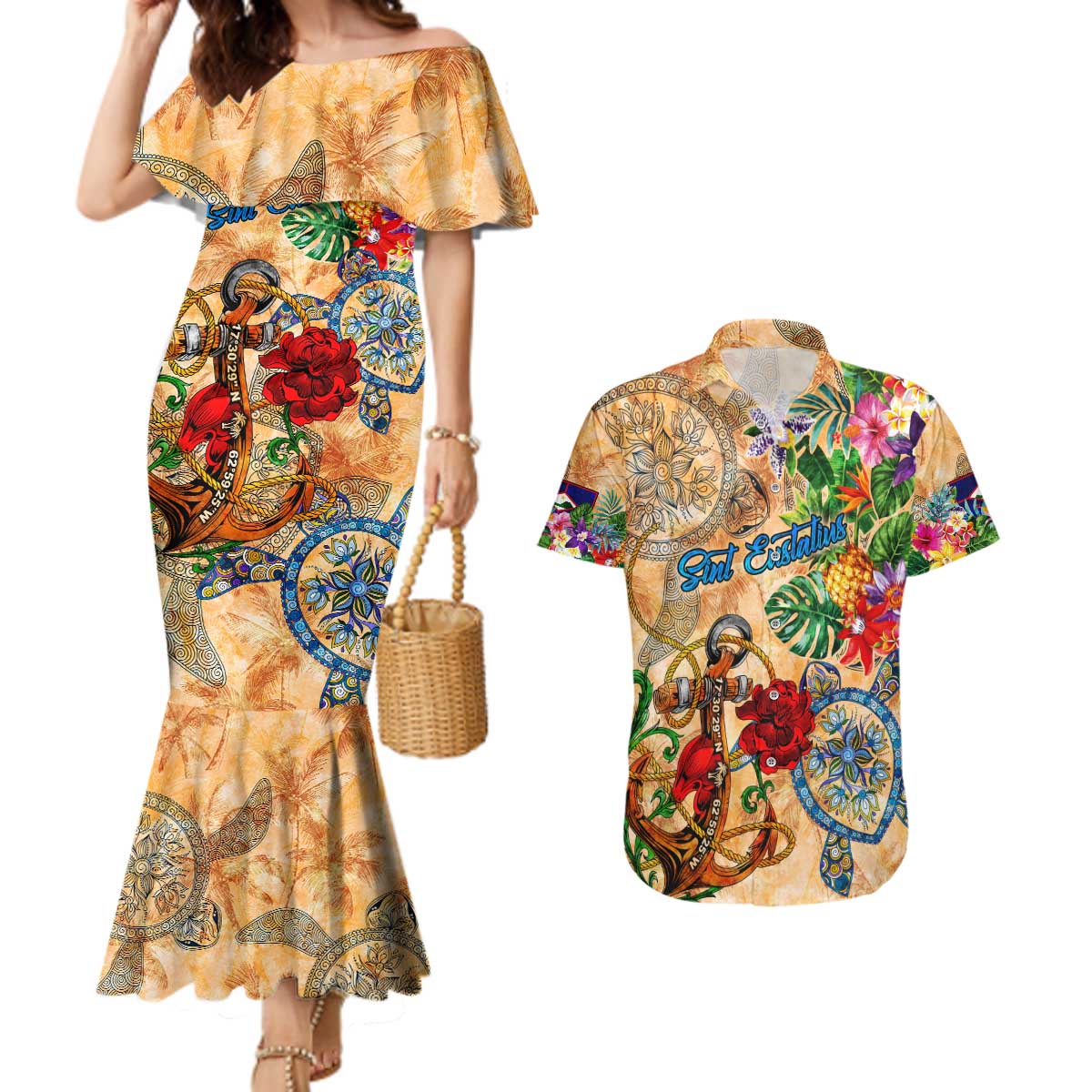 Sint Eustatius Couples Matching Mermaid Dress and Hawaiian Shirt Geographic Coordinate Anchor - Turlte Tropical