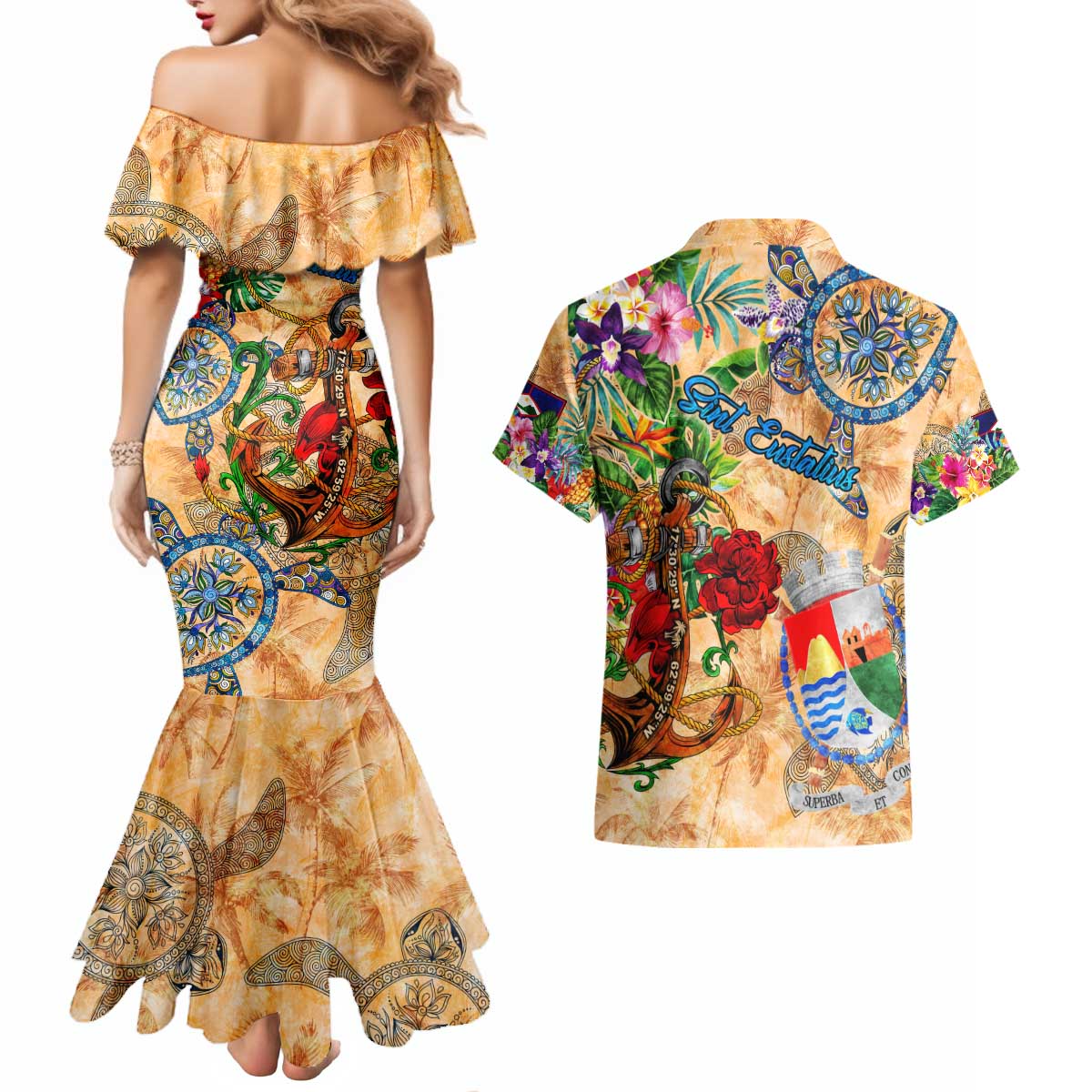 Sint Eustatius Couples Matching Mermaid Dress and Hawaiian Shirt Geographic Coordinate Anchor - Turlte Tropical