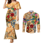 Sint Eustatius Couples Matching Mermaid Dress and Long Sleeve Button Shirt Geographic Coordinate Anchor - Turlte Tropical