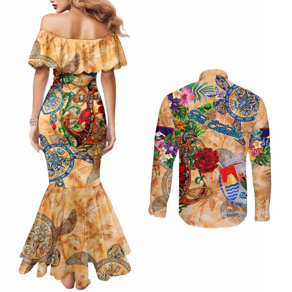 Sint Eustatius Couples Matching Mermaid Dress and Long Sleeve Button Shirt Geographic Coordinate Anchor - Turlte Tropical