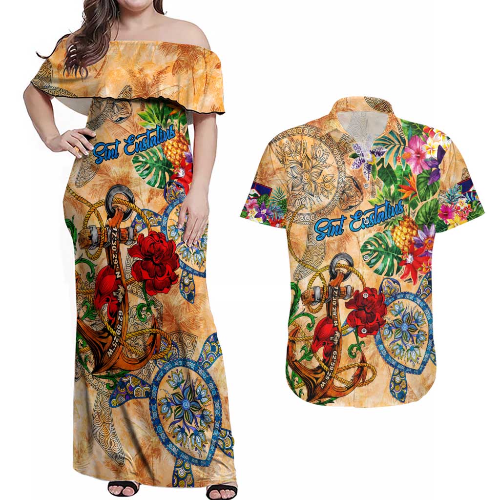 Sint Eustatius Couples Matching Off Shoulder Maxi Dress and Hawaiian Shirt Geographic Coordinate Anchor - Turlte Tropical