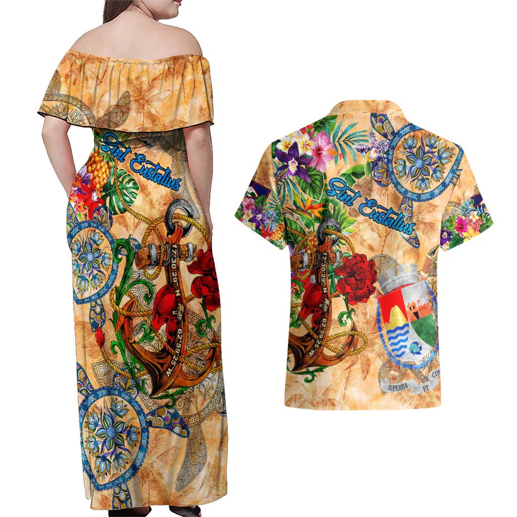 Sint Eustatius Couples Matching Off Shoulder Maxi Dress and Hawaiian Shirt Geographic Coordinate Anchor - Turlte Tropical