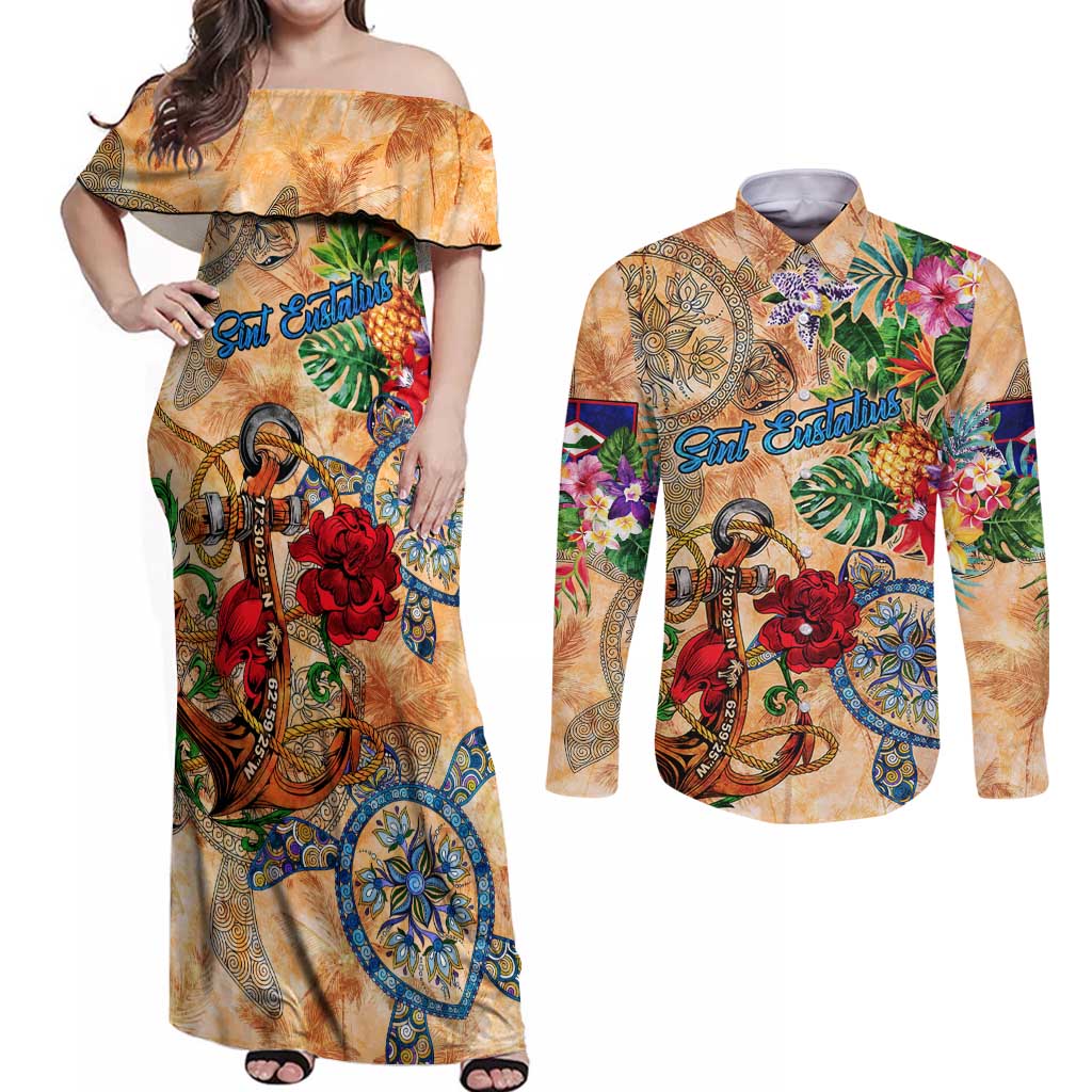 Sint Eustatius Couples Matching Off Shoulder Maxi Dress and Long Sleeve Button Shirt Geographic Coordinate Anchor - Turlte Tropical