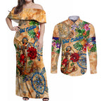 Sint Eustatius Couples Matching Off Shoulder Maxi Dress and Long Sleeve Button Shirt Geographic Coordinate Anchor - Turlte Tropical