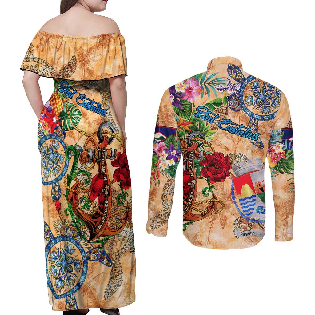 Sint Eustatius Couples Matching Off Shoulder Maxi Dress and Long Sleeve Button Shirt Geographic Coordinate Anchor - Turlte Tropical