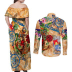 Sint Eustatius Couples Matching Off Shoulder Maxi Dress and Long Sleeve Button Shirt Geographic Coordinate Anchor - Turlte Tropical