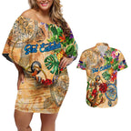 Sint Eustatius Couples Matching Off Shoulder Short Dress and Hawaiian Shirt Geographic Coordinate Anchor - Turlte Tropical