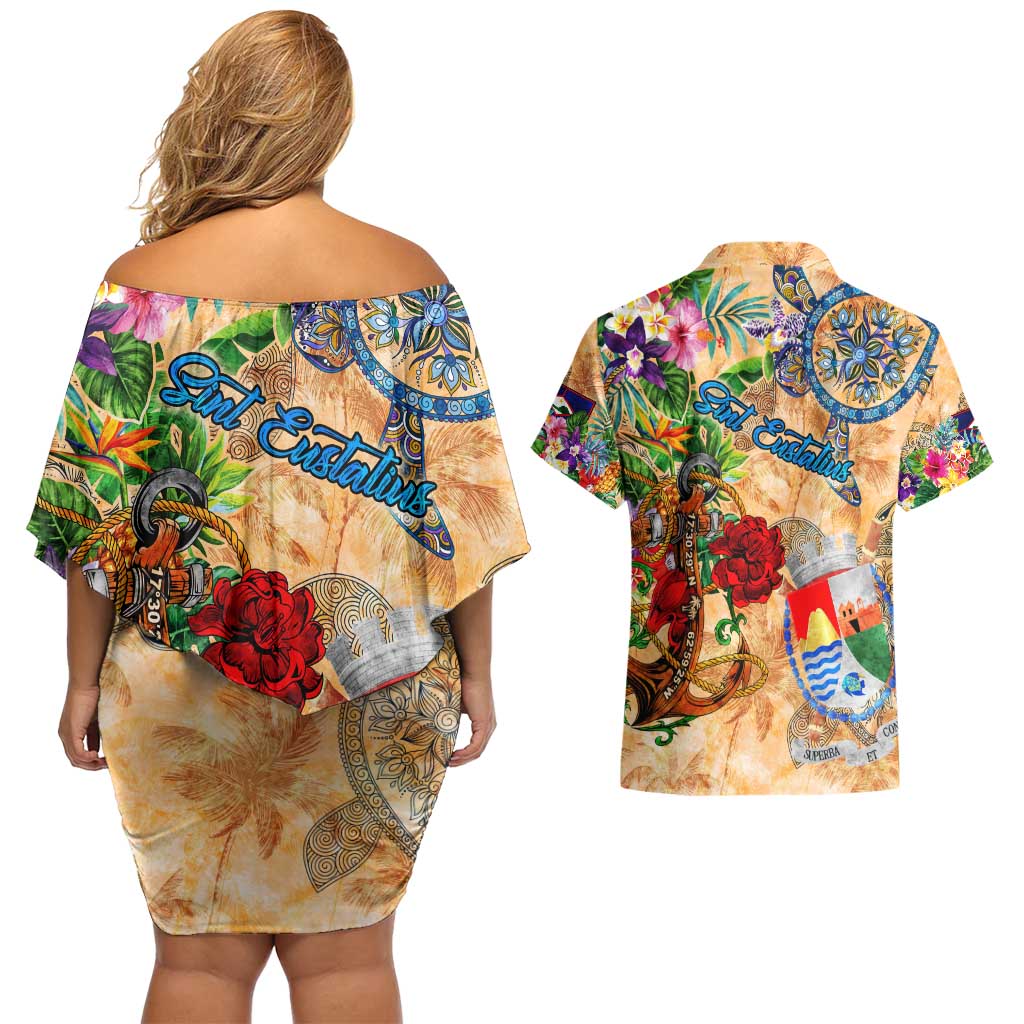 Sint Eustatius Couples Matching Off Shoulder Short Dress and Hawaiian Shirt Geographic Coordinate Anchor - Turlte Tropical