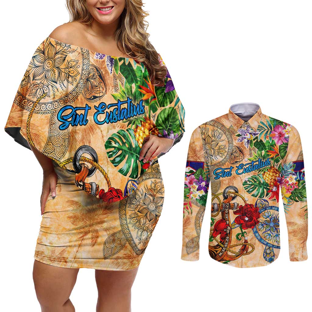 Sint Eustatius Couples Matching Off Shoulder Short Dress and Long Sleeve Button Shirt Geographic Coordinate Anchor - Turlte Tropical