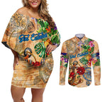 Sint Eustatius Couples Matching Off Shoulder Short Dress and Long Sleeve Button Shirt Geographic Coordinate Anchor - Turlte Tropical
